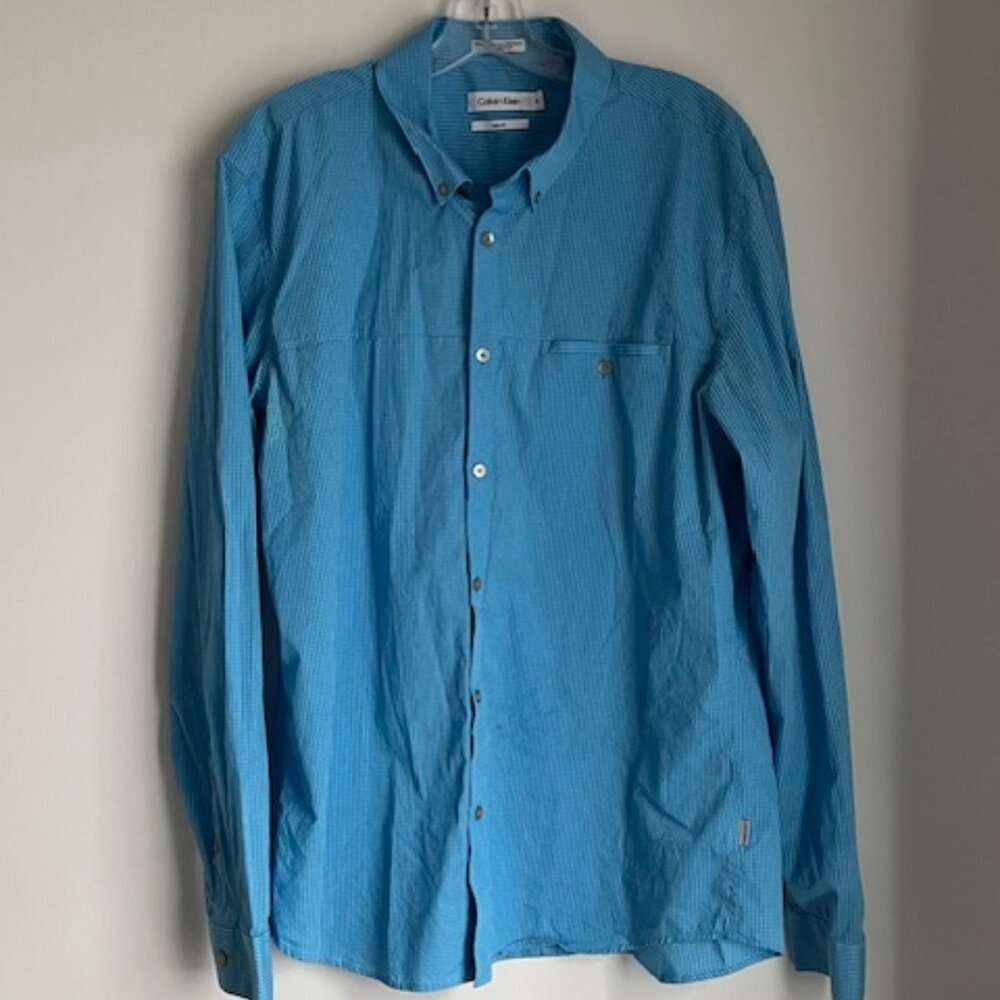 Calvin Klein Blue/White Checked Long Sleeve Button Down Shirt Size XL Slim Fit